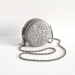 (SOLD) genuine pre-owned Chanel camellia round clutch with chain