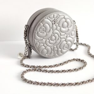 (SOLD) genuine pre-owned Chanel camellia round clutch with chain