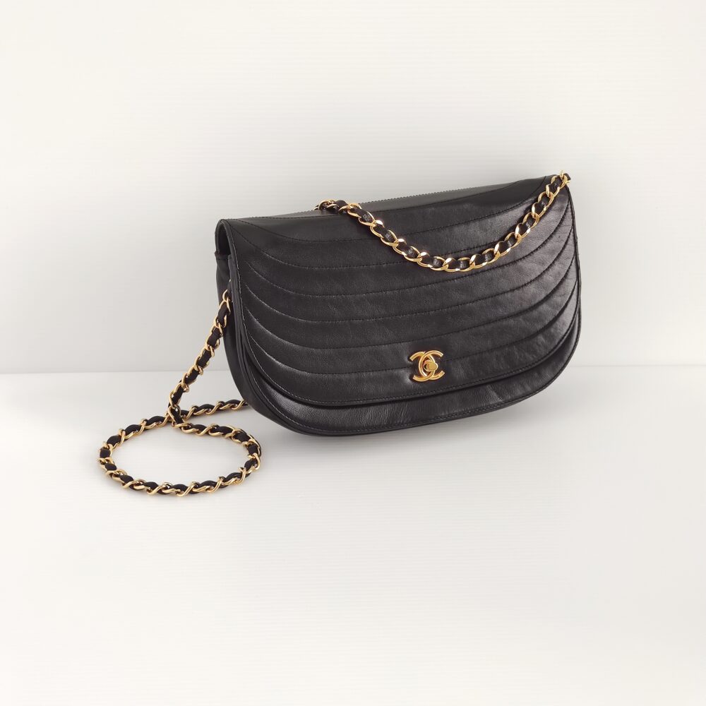 Chanel Black Curved Flap Quilted Lambskin Leather CC Half Moon Flap  Shoulder Bag