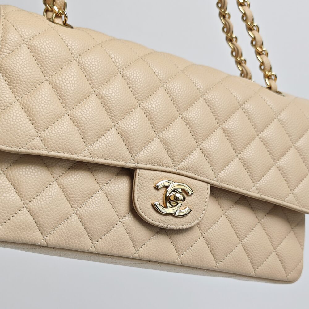 Chanel Beige Quilted Caviar Medium Classic Double Flap Gold