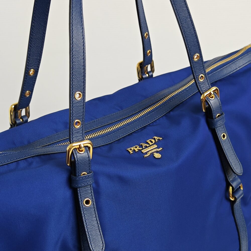 PRADA Tote Bag Tessuto Nylon Saffian Leather Trim Royal Blue