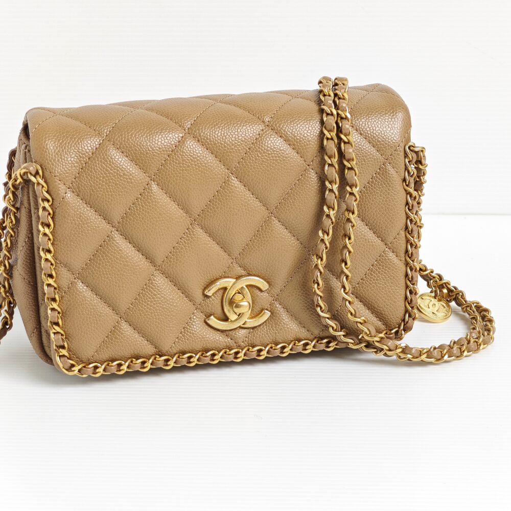 genuine (NEW) Chanel never ending chain mini flap – dark beige
