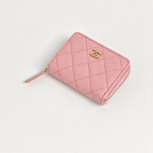 genuine (NEW) Chanel “sakura pink” caviar card holder with zipped pocket