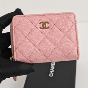 genuine (NEW) Chanel “sakura pink” caviar card holder with zipped pocket