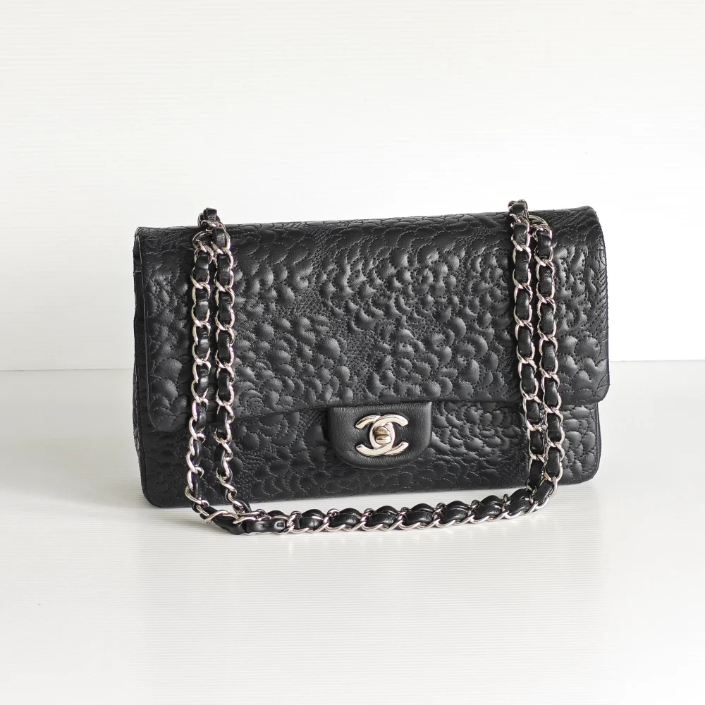 (Unavailable) genuine (like-new) Chanel medium classic flap - camellia lace quilt lambskin