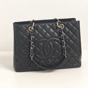 genuine pre-owned Chanel “GST” grand shopping tote – black + silver