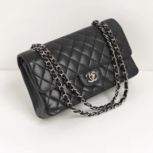 genuine pre-owned Chanel medium classic flap – black caviar shw