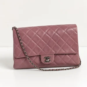 genuine pre-owned Chanel caviar classic flap clutch with chain